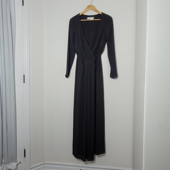 David's Bridal Women's Black Long Sleeve V-Neck Slit In Front Maxi Wrap Dress - Picture 1 of 10